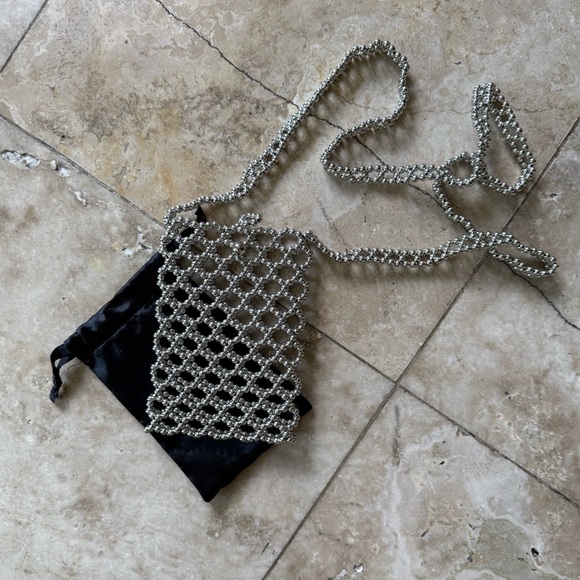 Ladies, black and silver beaded iPhone holder long purse handle top fasten. - Picture 11 of 13